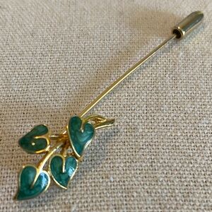 Elegant Gold and Green Leaf Stick Pin Brooch